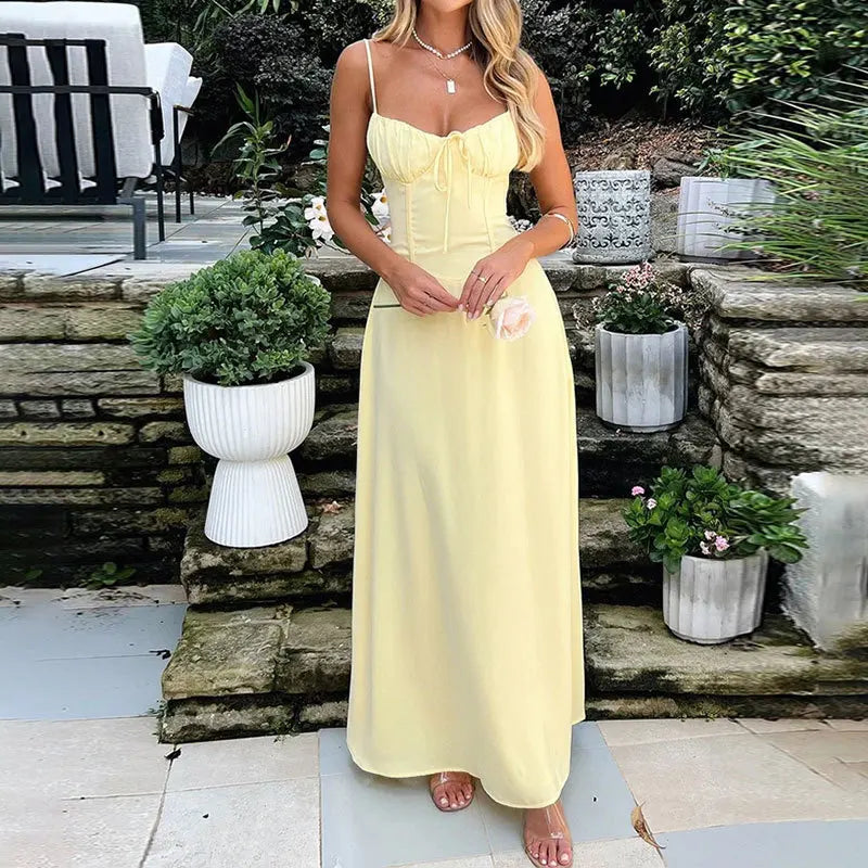 2026 Women Elegant Spaghetti Strap Camisole Sleeveless Lace Up Long Dress for Summer Casual Party and Beach Vacation