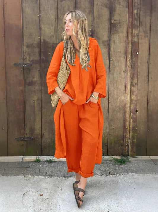 2025 Summer Fashion New Women's Cotton and Hemp Set Loose V-neck Long Top High Waist Wide Leg Pants Two Piece Set