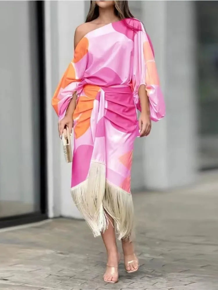 Fashionable Fringed Printed Women Skirt Two-piece Set Spring Autumn Elegant Slanted Collar Mid Length Sleeve Women's Skirt Set