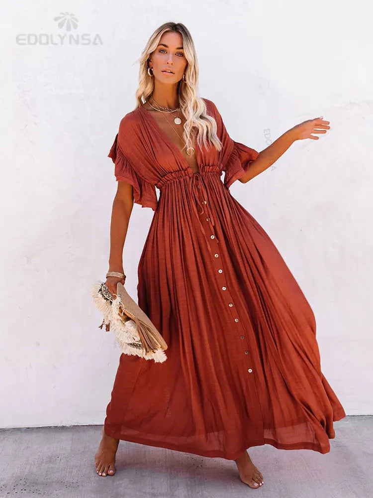 Sexy Deep V-neck Butterfly Sleeve Self Belted High Waist Button Front Open Summer Beach Dress WhiteTunic Women Beachwear Q1208