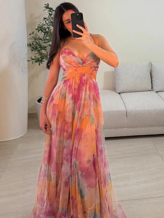 2026 Summer Fashion New Women's Elegant Beach Vacation Dress with Strap Color Blocked Printing Party Grand Display, Long Dress
