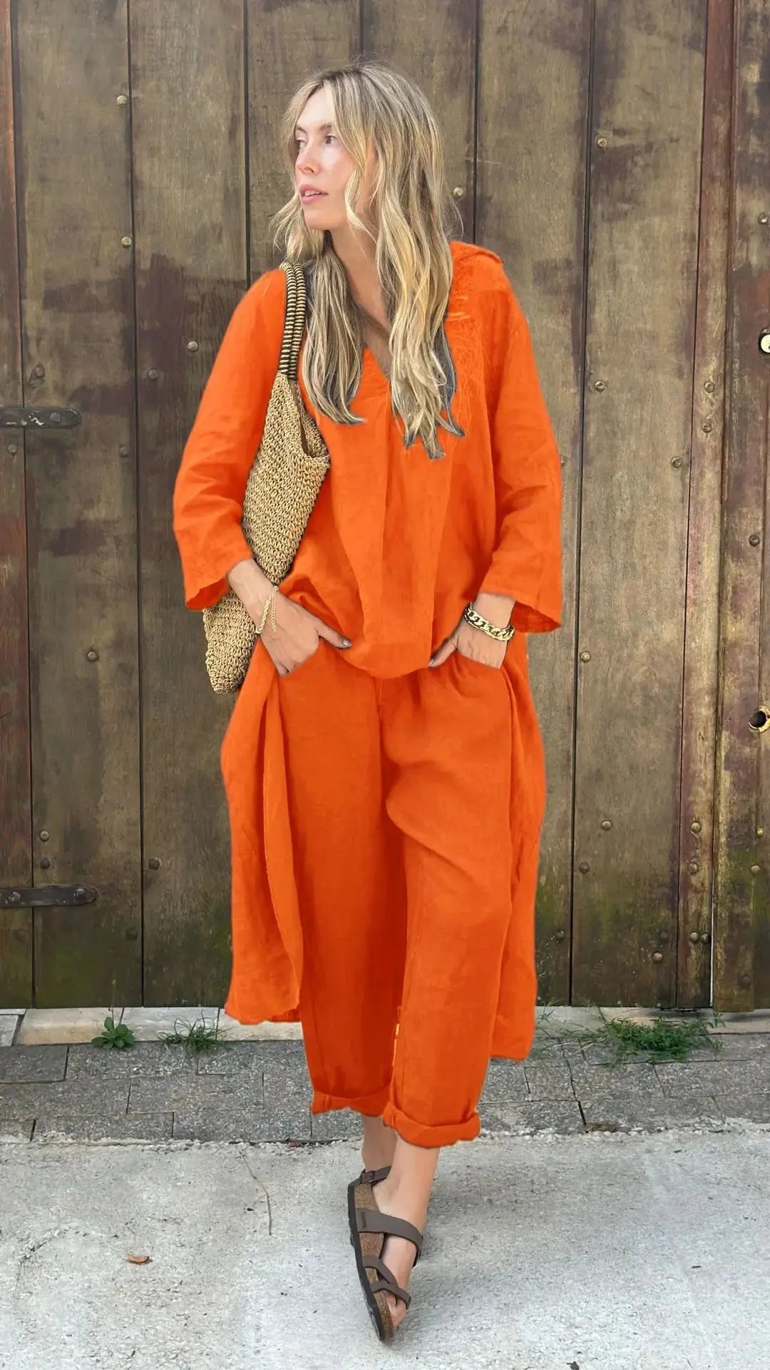 2025 Summer Fashion New Women's Cotton and Hemp Set Loose V-neck Long Top High Waist Wide Leg Pants Two Piece Set