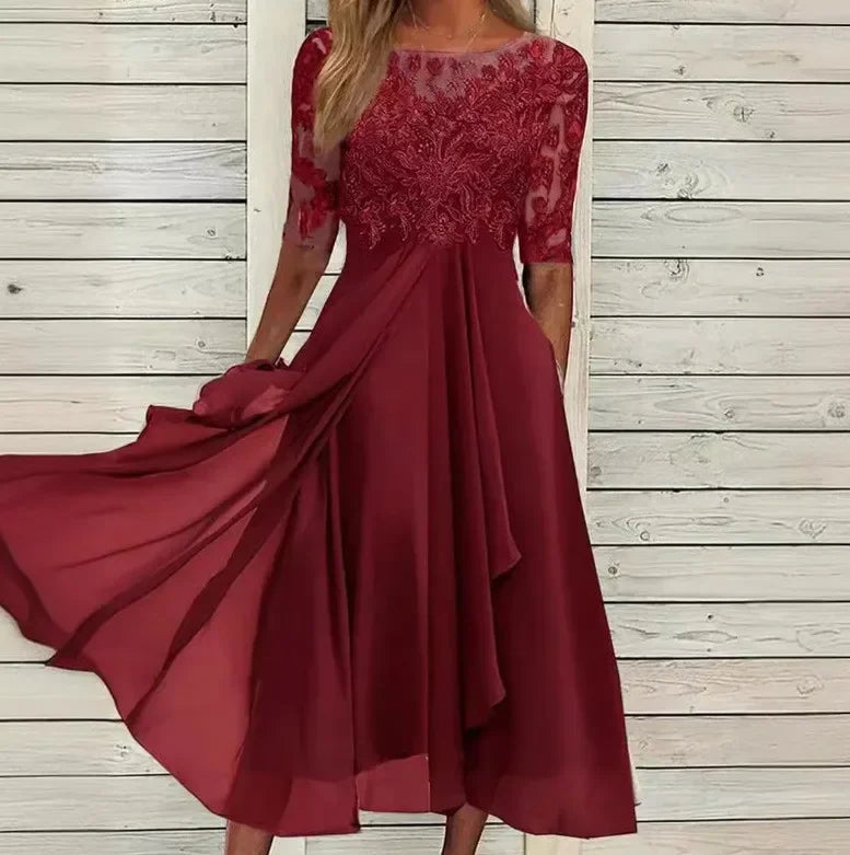 Womens Dresses Romantic Simple Dress With Chiffon Patchwork Lace Hollow Out Long Dress Bridesmaid Evening Dress Women's Wear