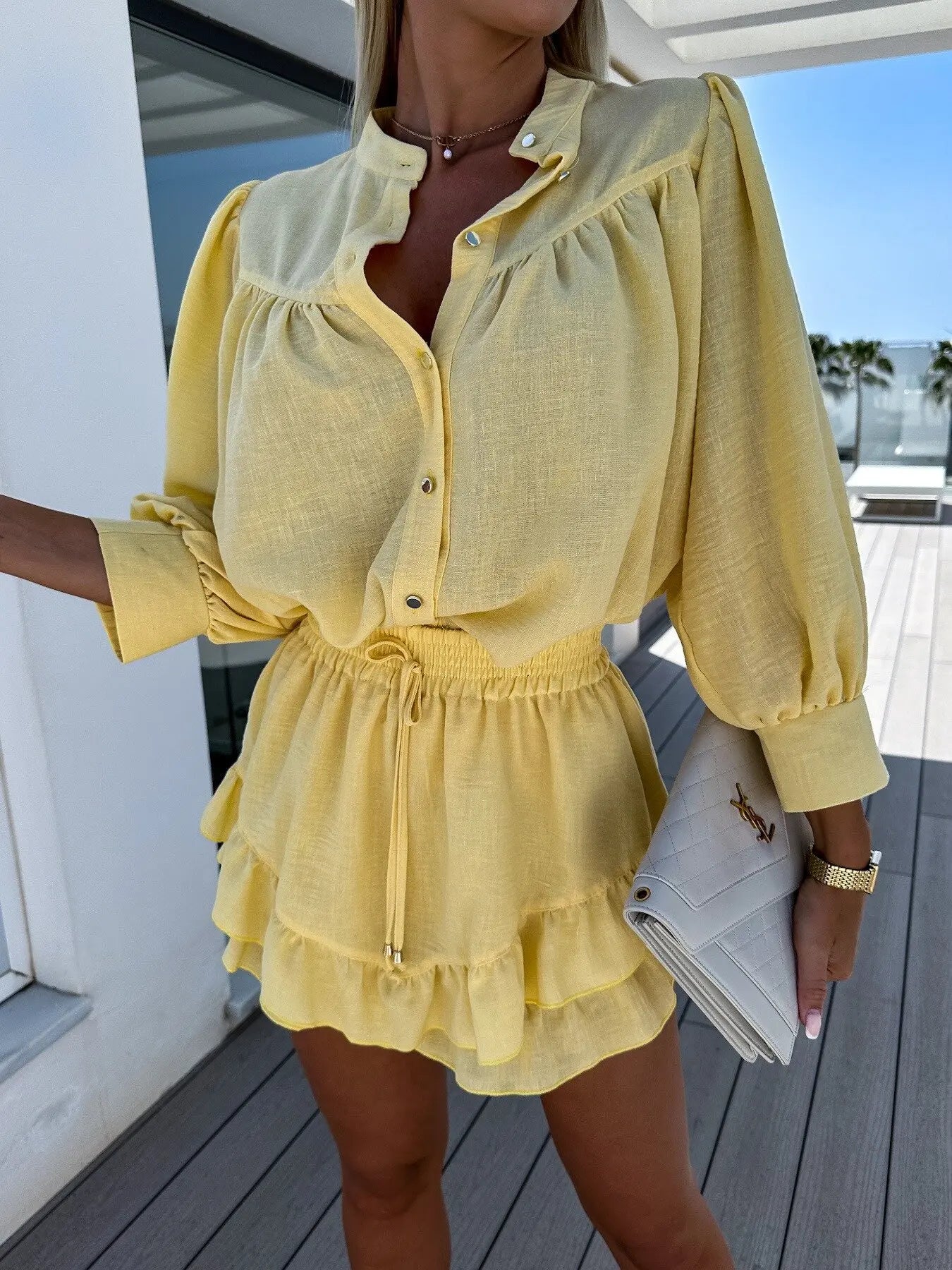 Women New Button Long Sleeve Shirts Top&Drawstring Sculottes 2 Pieces Outfits Casual Ruffles Suit V Neck Dresses Set For Women's