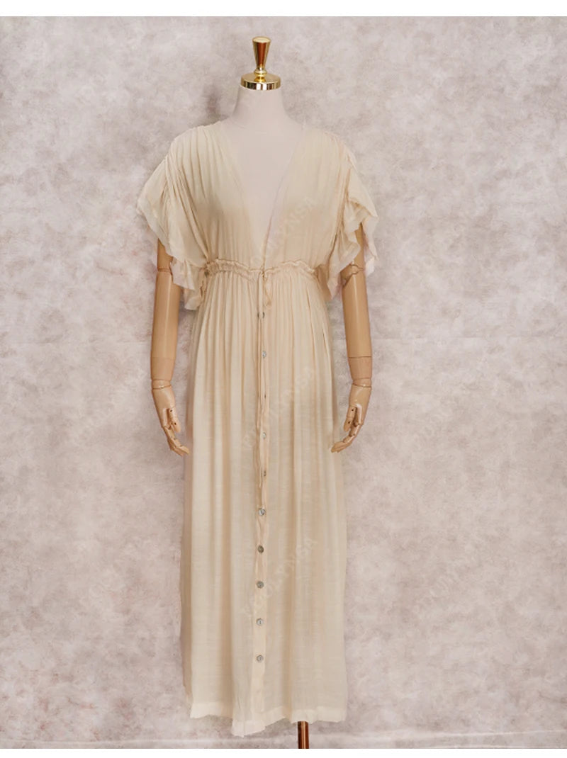 Sexy Deep V-neck Butterfly Sleeve Self Belted High Waist Button Front Open Summer Beach Dress WhiteTunic Women Beachwear Q1208