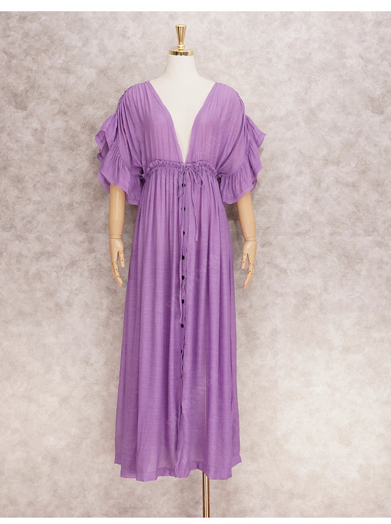 Sexy Deep V-neck Butterfly Sleeve Self Belted High Waist Button Front Open Summer Beach Dress WhiteTunic Women Beachwear Q1208