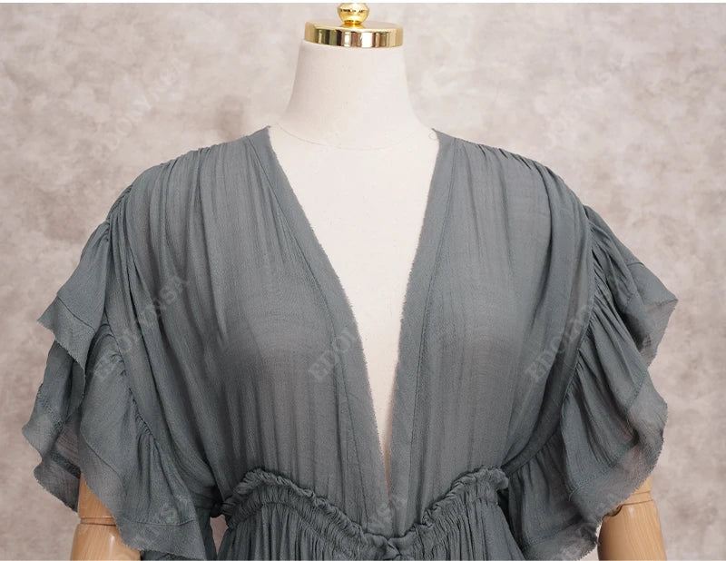 Sexy Deep V-neck Butterfly Sleeve Self Belted High Waist Button Front Open Summer Beach Dress WhiteTunic Women Beachwear Q1208