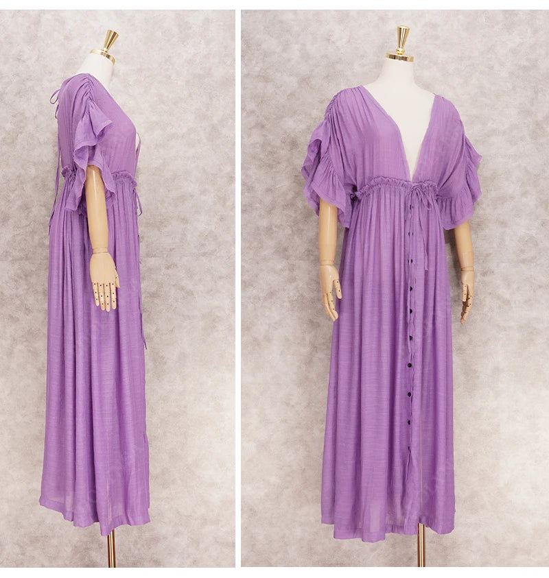 Sexy Deep V-neck Butterfly Sleeve Self Belted High Waist Button Front Open Summer Beach Dress WhiteTunic Women Beachwear Q1208