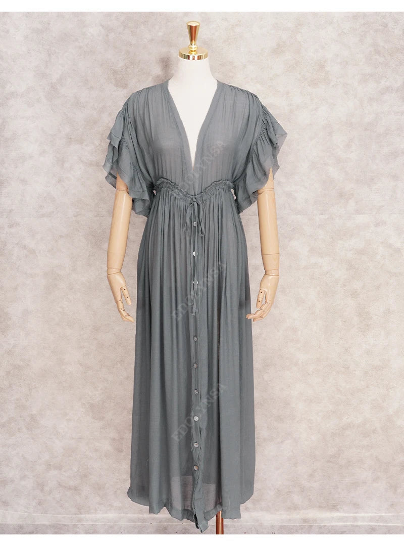 Sexy Deep V-neck Butterfly Sleeve Self Belted High Waist Button Front Open Summer Beach Dress WhiteTunic Women Beachwear Q1208