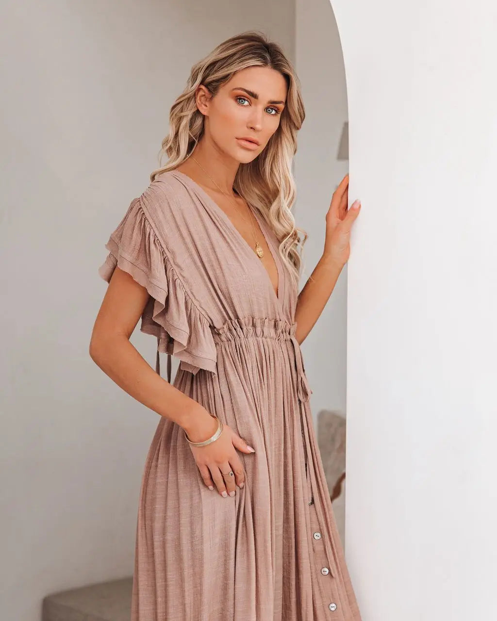 Sexy Deep V-neck Butterfly Sleeve Self Belted High Waist Button Front Open Summer Beach Dress WhiteTunic Women Beachwear Q1208