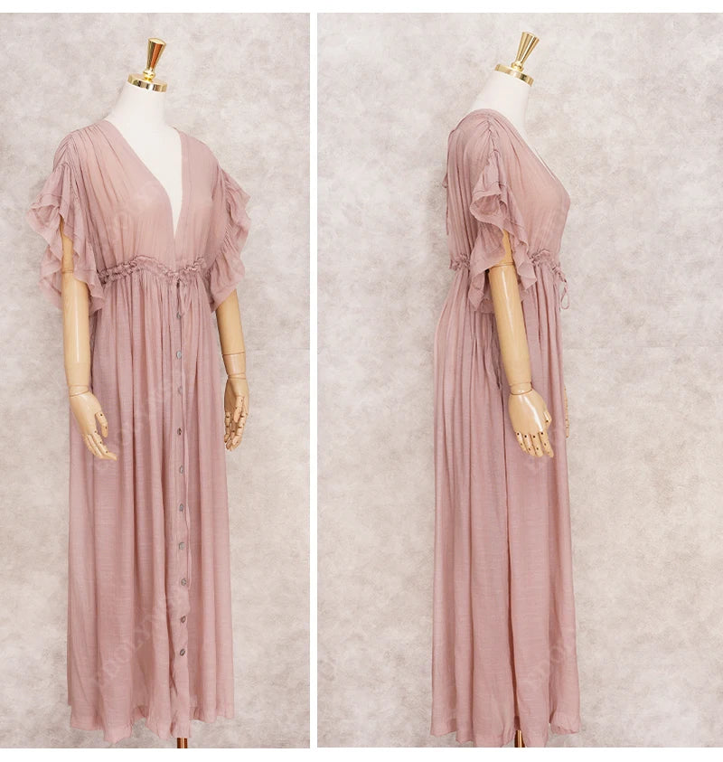 Sexy Deep V-neck Butterfly Sleeve Self Belted High Waist Button Front Open Summer Beach Dress WhiteTunic Women Beachwear Q1208