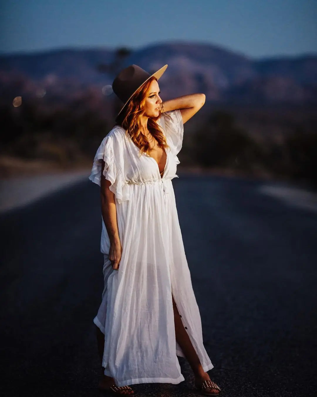 Sexy Deep V-neck Butterfly Sleeve Self Belted High Waist Button Front Open Summer Beach Dress WhiteTunic Women Beachwear Q1208
