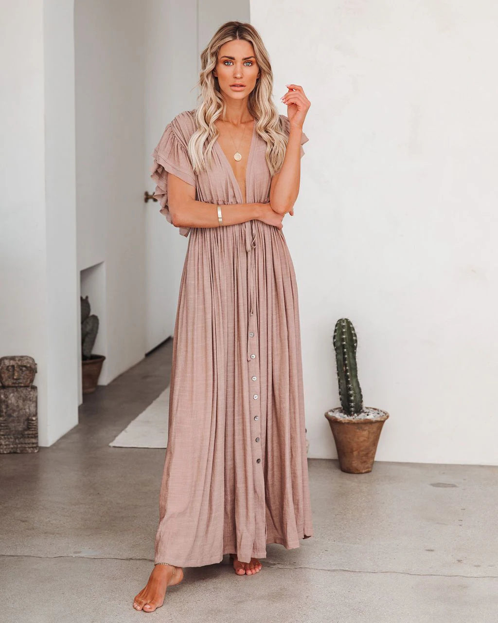 Sexy Deep V-neck Butterfly Sleeve Self Belted High Waist Button Front Open Summer Beach Dress WhiteTunic Women Beachwear Q1208