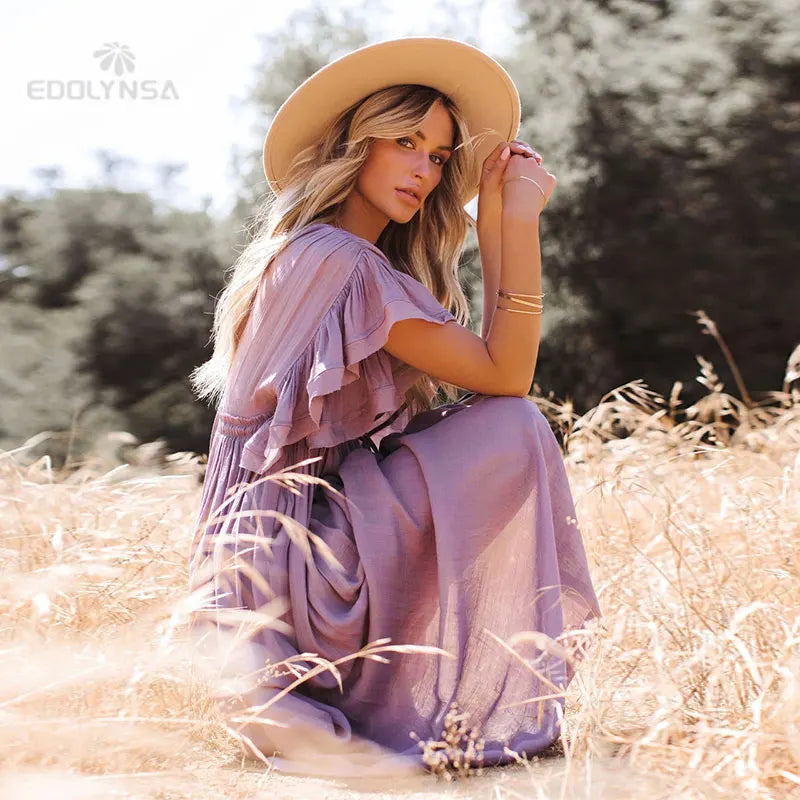 Sexy Deep V-neck Butterfly Sleeve Self Belted High Waist Button Front Open Summer Beach Dress WhiteTunic Women Beachwear Q1208