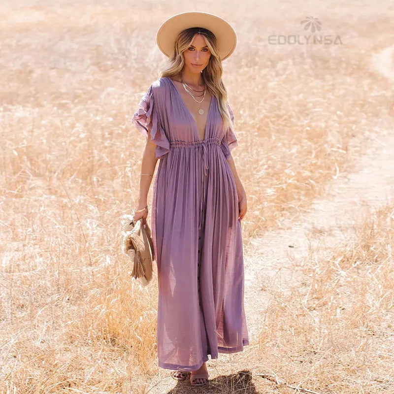 Sexy Deep V-neck Butterfly Sleeve Self Belted High Waist Button Front Open Summer Beach Dress WhiteTunic Women Beachwear Q1208