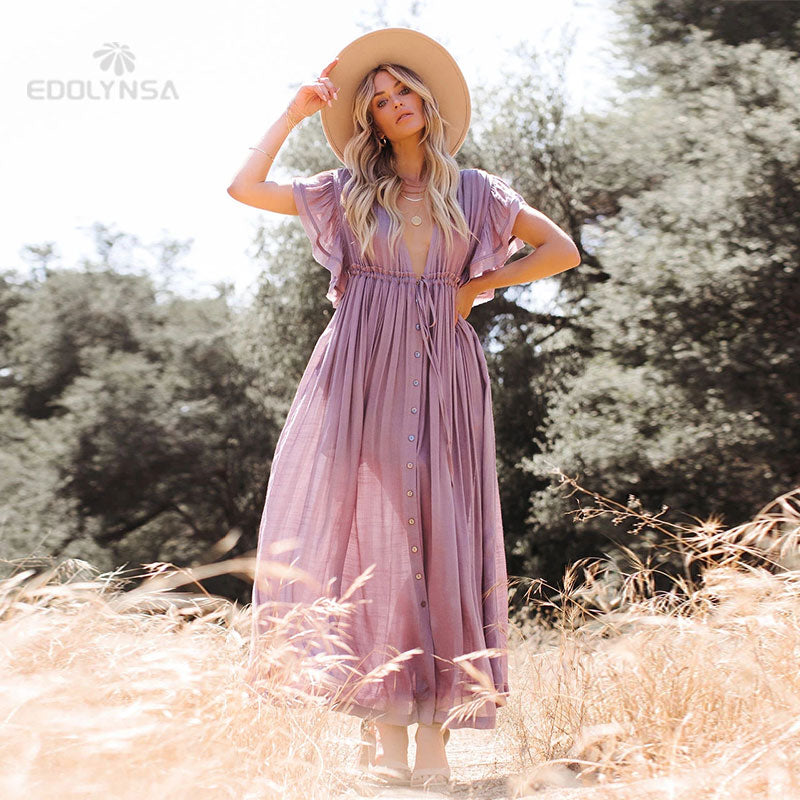 Sexy Deep V-neck Butterfly Sleeve Self Belted High Waist Button Front Open Summer Beach Dress WhiteTunic Women Beachwear Q1208