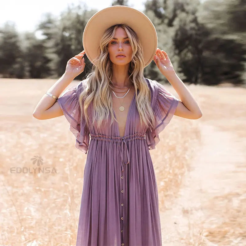 Sexy Deep V-neck Butterfly Sleeve Self Belted High Waist Button Front Open Summer Beach Dress WhiteTunic Women Beachwear Q1208