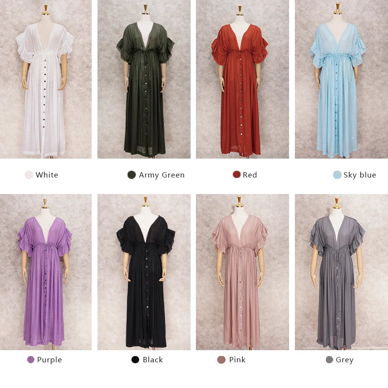 Sexy Deep V-neck Butterfly Sleeve Self Belted High Waist Button Front Open Summer Beach Dress WhiteTunic Women Beachwear Q1208