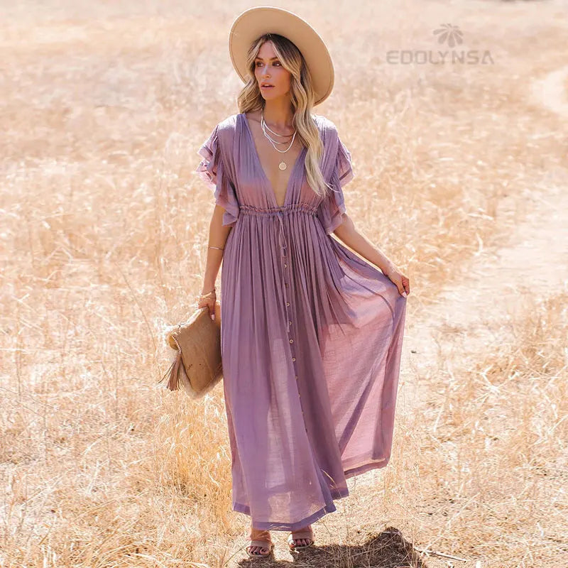 Sexy Deep V-neck Butterfly Sleeve Self Belted High Waist Button Front Open Summer Beach Dress WhiteTunic Women Beachwear Q1208