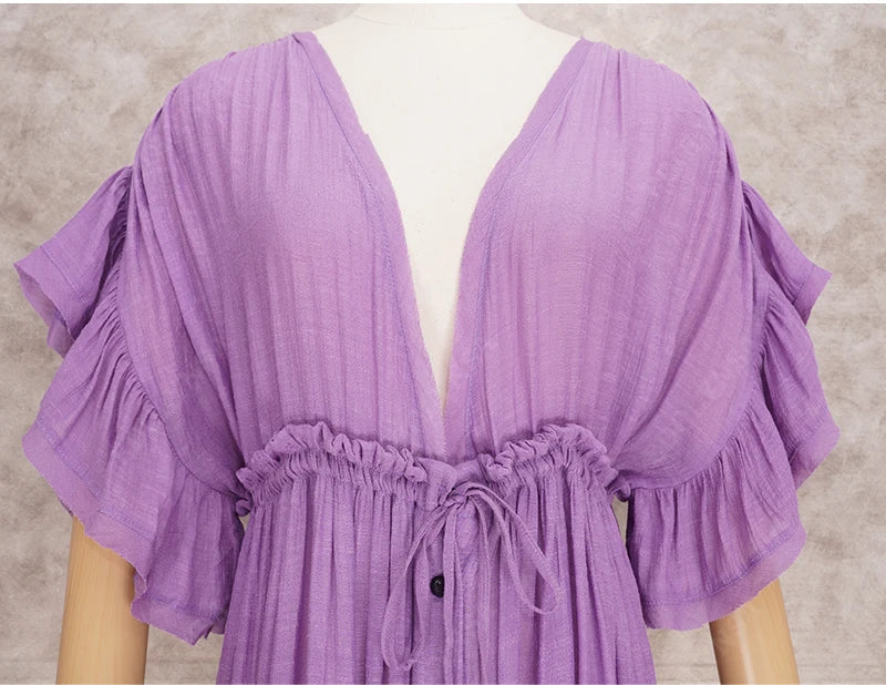 Sexy Deep V-neck Butterfly Sleeve Self Belted High Waist Button Front Open Summer Beach Dress WhiteTunic Women Beachwear Q1208