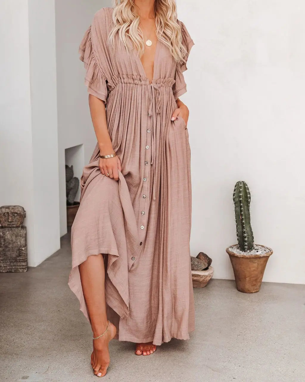 Sexy Deep V-neck Butterfly Sleeve Self Belted High Waist Button Front Open Summer Beach Dress WhiteTunic Women Beachwear Q1208