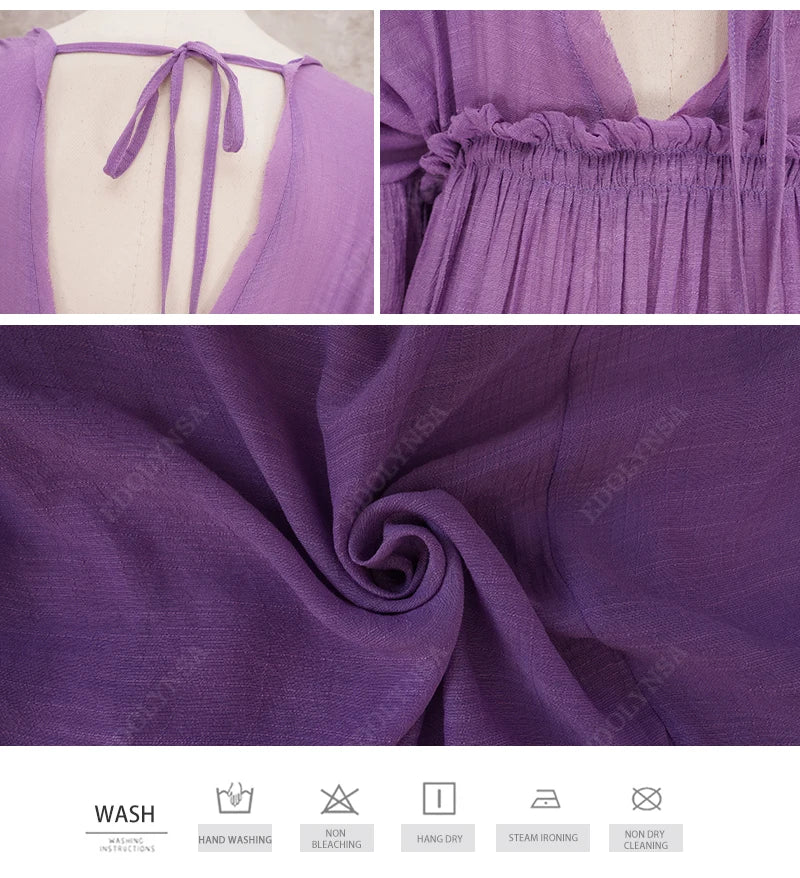 Sexy Deep V-neck Butterfly Sleeve Self Belted High Waist Button Front Open Summer Beach Dress WhiteTunic Women Beachwear Q1208
