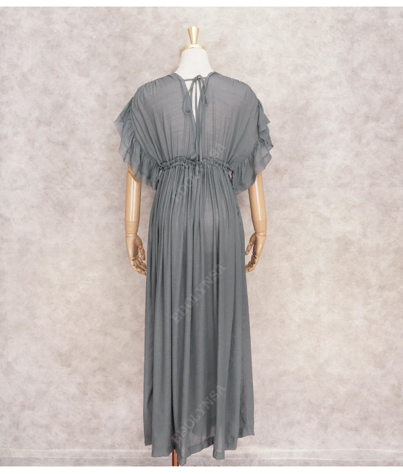 Sexy Deep V-neck Butterfly Sleeve Self Belted High Waist Button Front Open Summer Beach Dress WhiteTunic Women Beachwear Q1208