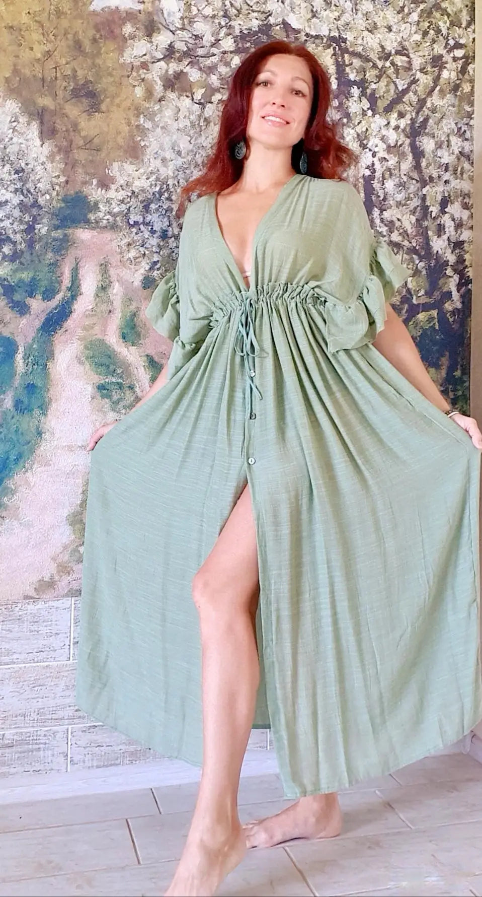 Sexy Deep V-neck Butterfly Sleeve Self Belted High Waist Button Front Open Summer Beach Dress WhiteTunic Women Beachwear Q1208