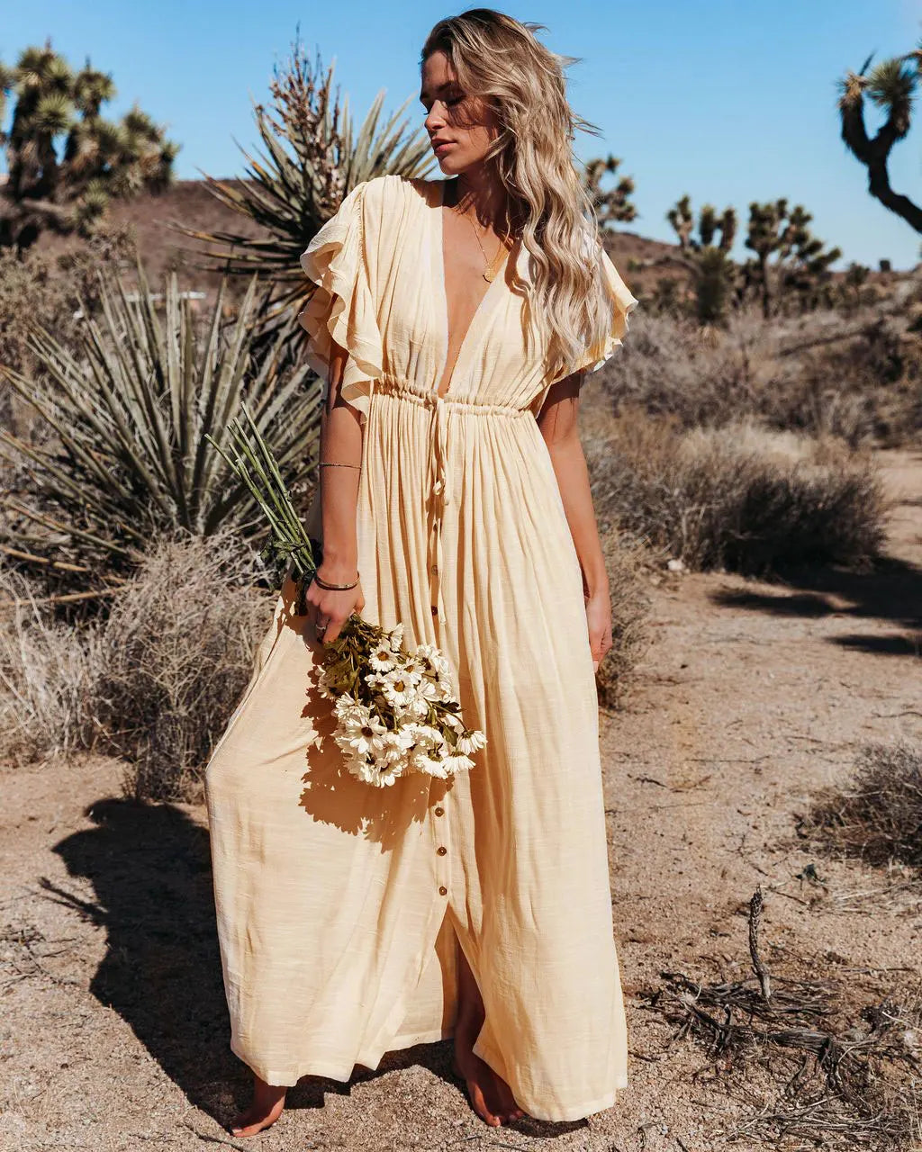 Sexy Deep V-neck Butterfly Sleeve Self Belted High Waist Button Front Open Summer Beach Dress WhiteTunic Women Beachwear Q1208