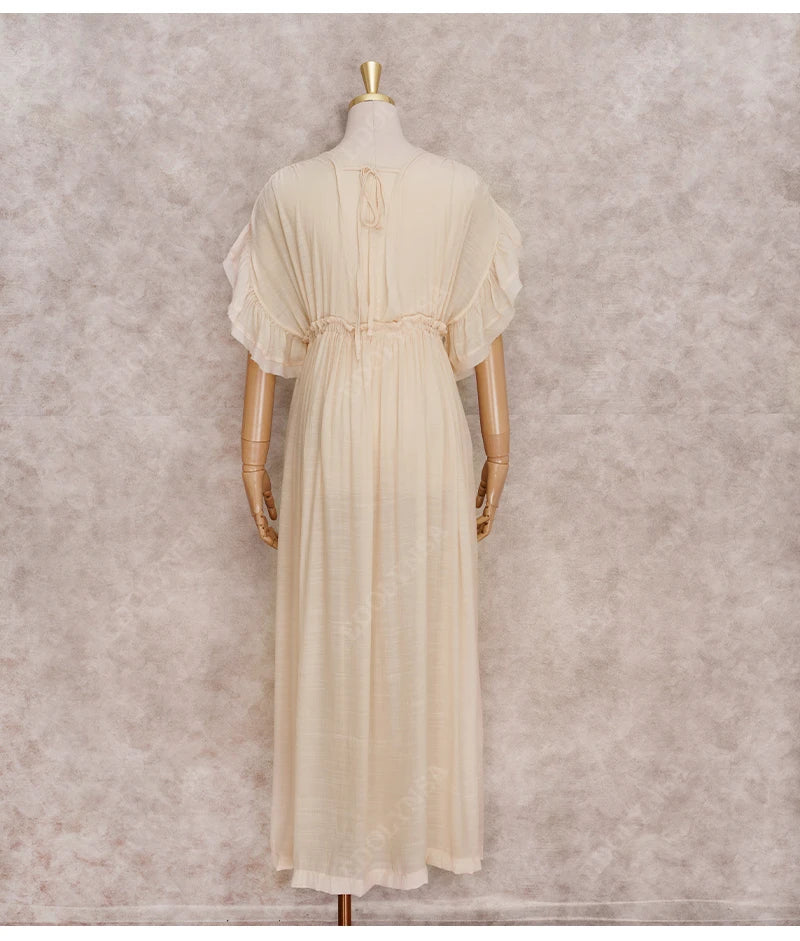 Sexy Deep V-neck Butterfly Sleeve Self Belted High Waist Button Front Open Summer Beach Dress WhiteTunic Women Beachwear Q1208