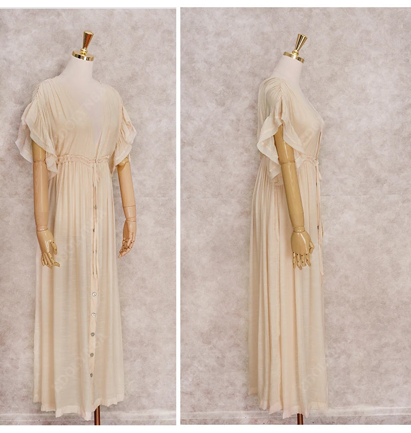 Sexy Deep V-neck Butterfly Sleeve Self Belted High Waist Button Front Open Summer Beach Dress WhiteTunic Women Beachwear Q1208