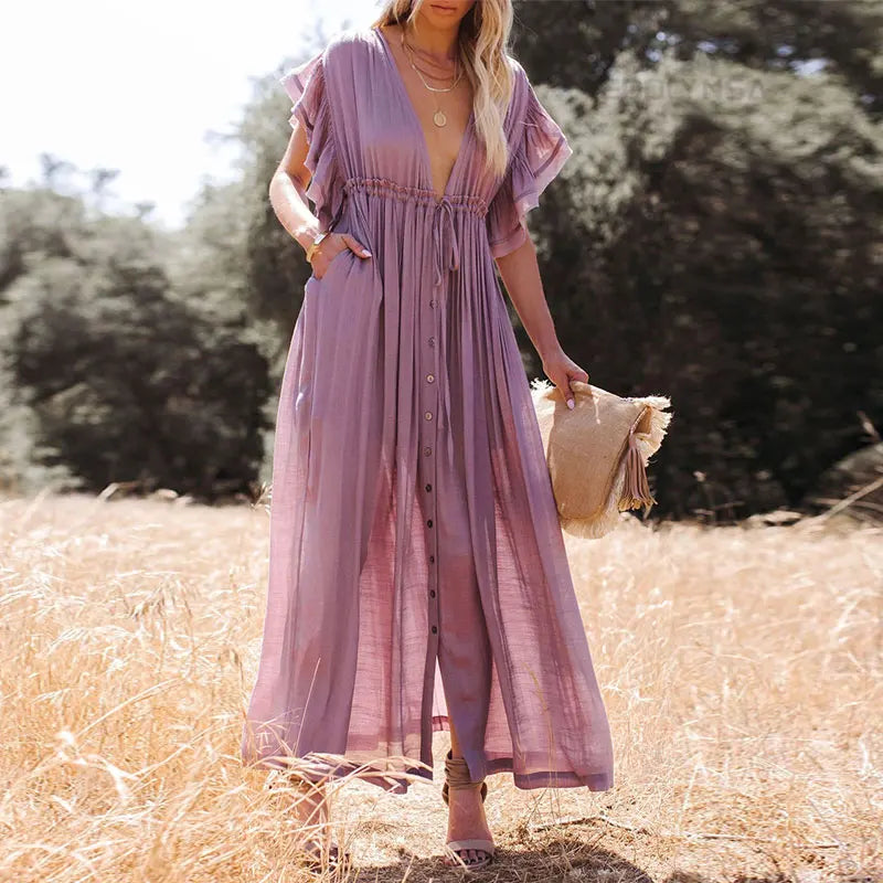 Sexy Deep V-neck Butterfly Sleeve Self Belted High Waist Button Front Open Summer Beach Dress WhiteTunic Women Beachwear Q1208