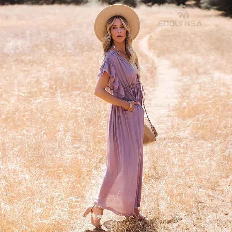Sexy Deep V-neck Butterfly Sleeve Self Belted High Waist Button Front Open Summer Beach Dress WhiteTunic Women Beachwear Q1208