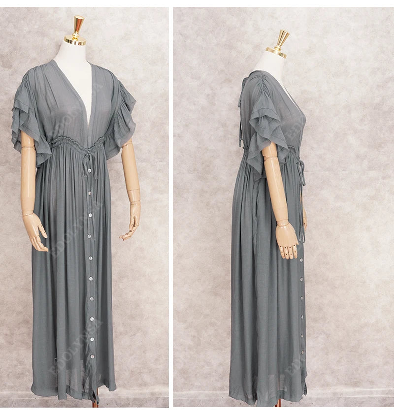 Sexy Deep V-neck Butterfly Sleeve Self Belted High Waist Button Front Open Summer Beach Dress WhiteTunic Women Beachwear Q1208