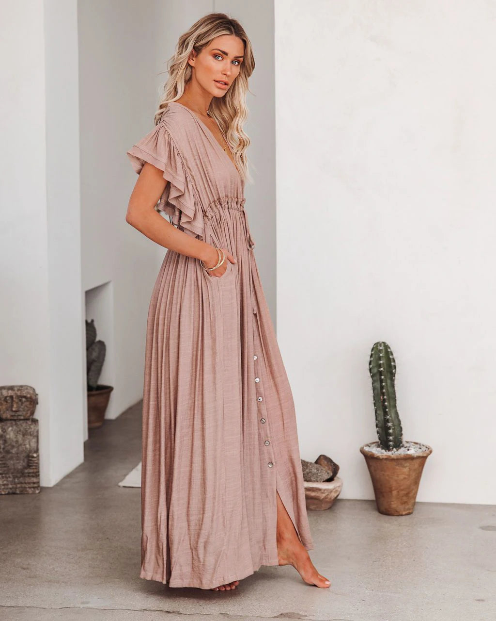 Sexy Deep V-neck Butterfly Sleeve Self Belted High Waist Button Front Open Summer Beach Dress WhiteTunic Women Beachwear Q1208