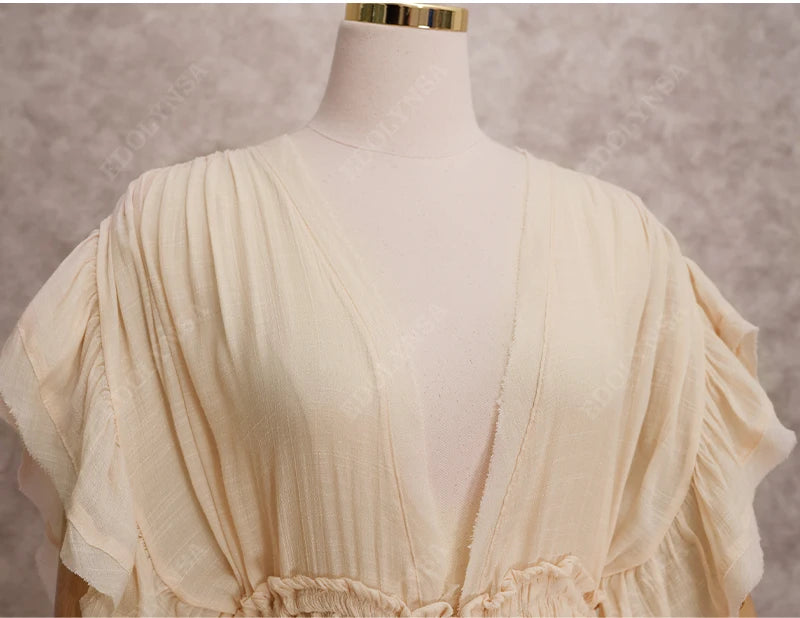 Sexy Deep V-neck Butterfly Sleeve Self Belted High Waist Button Front Open Summer Beach Dress WhiteTunic Women Beachwear Q1208