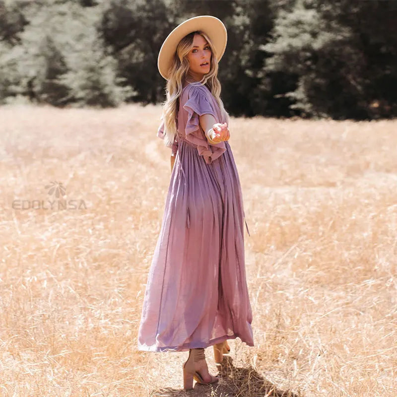 Sexy Deep V-neck Butterfly Sleeve Self Belted High Waist Button Front Open Summer Beach Dress WhiteTunic Women Beachwear Q1208
