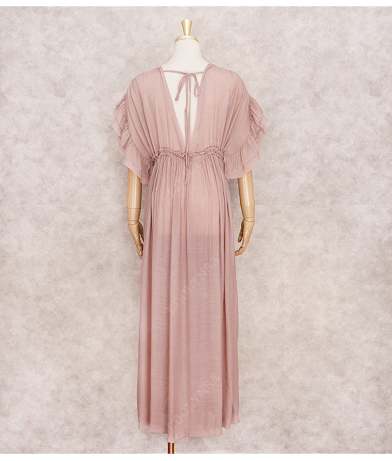 Sexy Deep V-neck Butterfly Sleeve Self Belted High Waist Button Front Open Summer Beach Dress WhiteTunic Women Beachwear Q1208