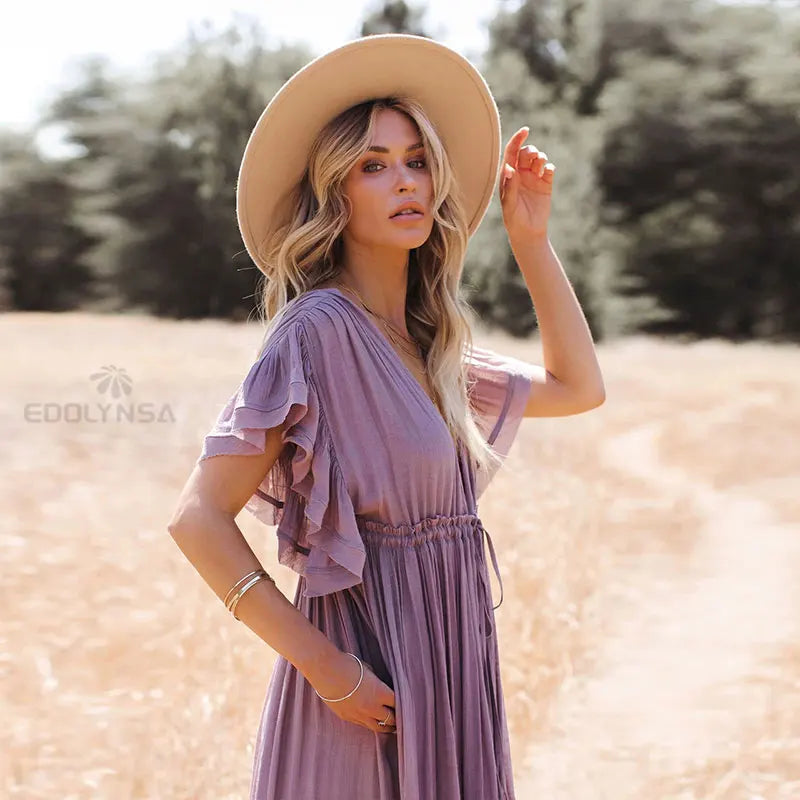 Sexy Deep V-neck Butterfly Sleeve Self Belted High Waist Button Front Open Summer Beach Dress WhiteTunic Women Beachwear Q1208