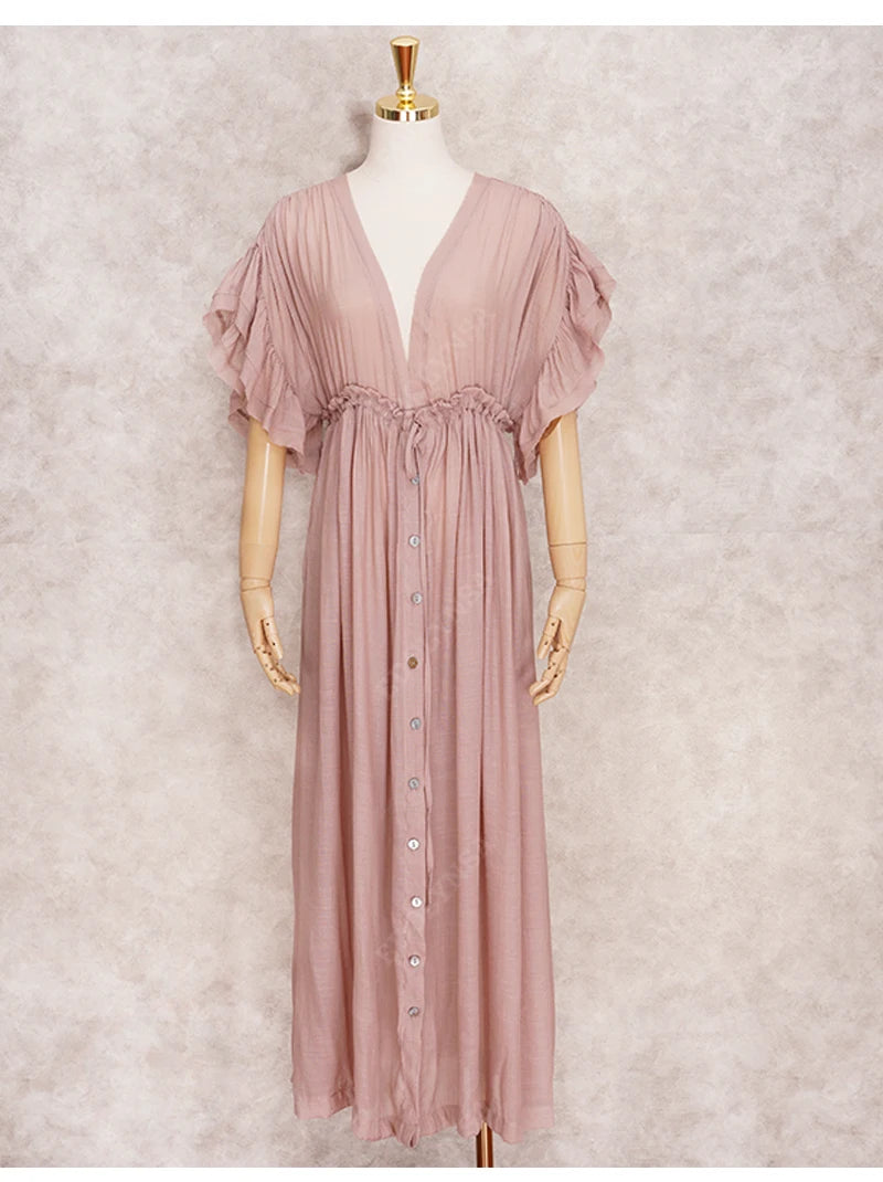 Sexy Deep V-neck Butterfly Sleeve Self Belted High Waist Button Front Open Summer Beach Dress WhiteTunic Women Beachwear Q1208