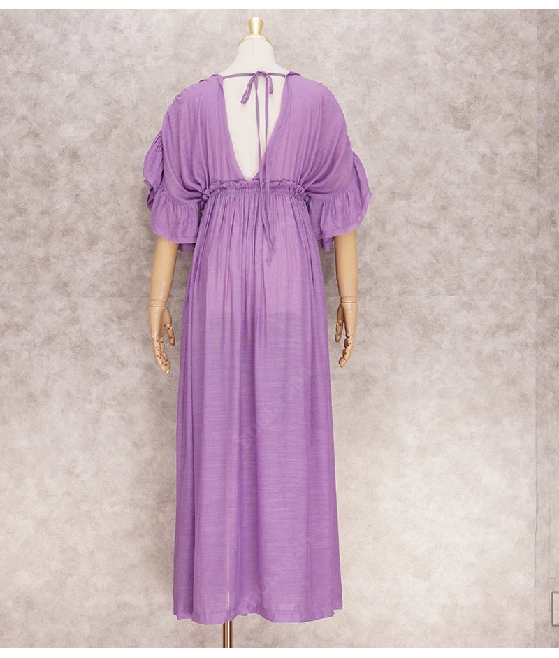 Sexy Deep V-neck Butterfly Sleeve Self Belted High Waist Button Front Open Summer Beach Dress WhiteTunic Women Beachwear Q1208