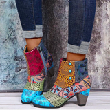 Patchwork virágmintás magassarkú csizma – rózsaszín