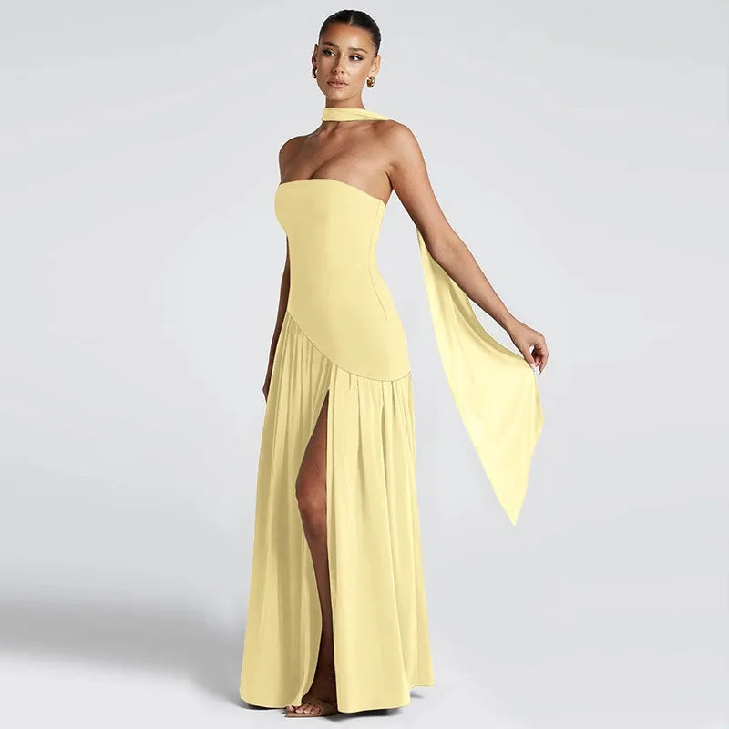 Summer Elegant Fashion Sexy Slit Backless Evening Party Ceremony Flowy Long Dresses For Women Dress With Scarf