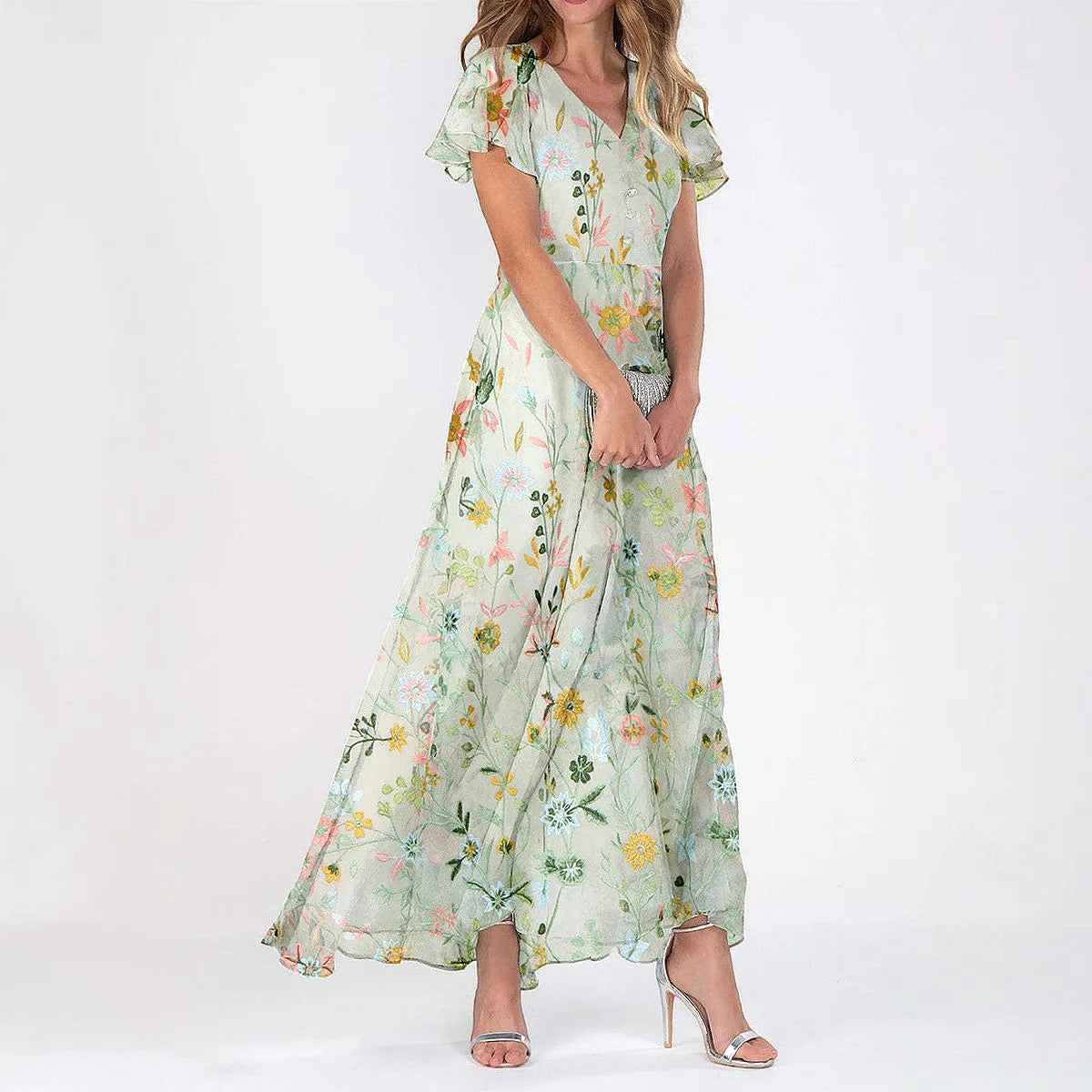Sweet Floral Print Green Women's Summer Long Dress V-Neck Short Sleeve Sundress High-Waist Hem Maxi Dresses Female Vestidos
