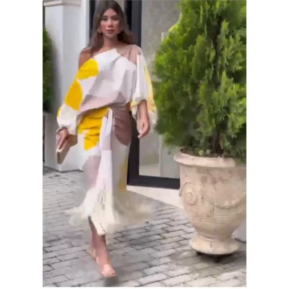 Fashionable Fringed Printed Women Skirt Two-piece Set Spring Autumn Elegant Slanted Collar Mid Length Sleeve Women's Skirt Set
