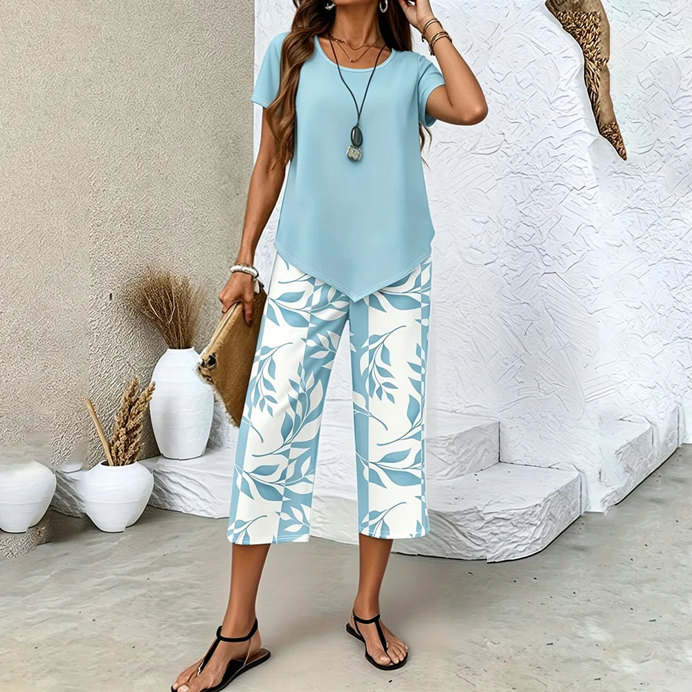 2Pcs Women Summer Casual Set, Smooth Soft Leaf Print Pants & Asymmetrical Top, Breathable Loungewear for Daily