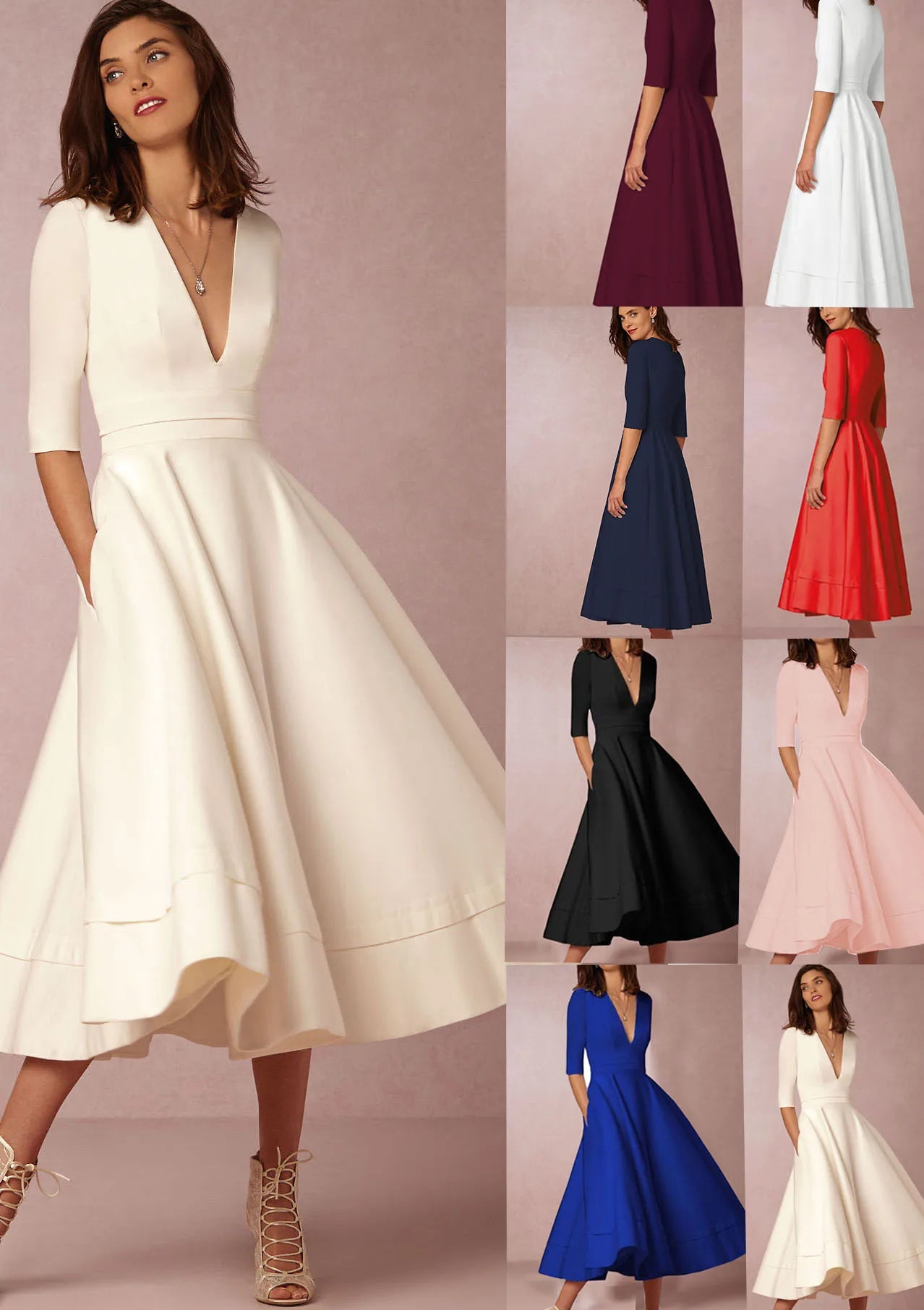 New Women Dress Long Fashion Vacation Party Dresses Short Sleeve V-neck Slit Solid High Quality Vestidos Femme 2024