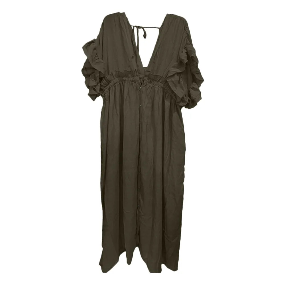 Fashion V Neck Summer Sunscreen Smock Loose Casual Beachwear Shirt Bathing Suit Long Swimsuit Cover Up Dress for Women