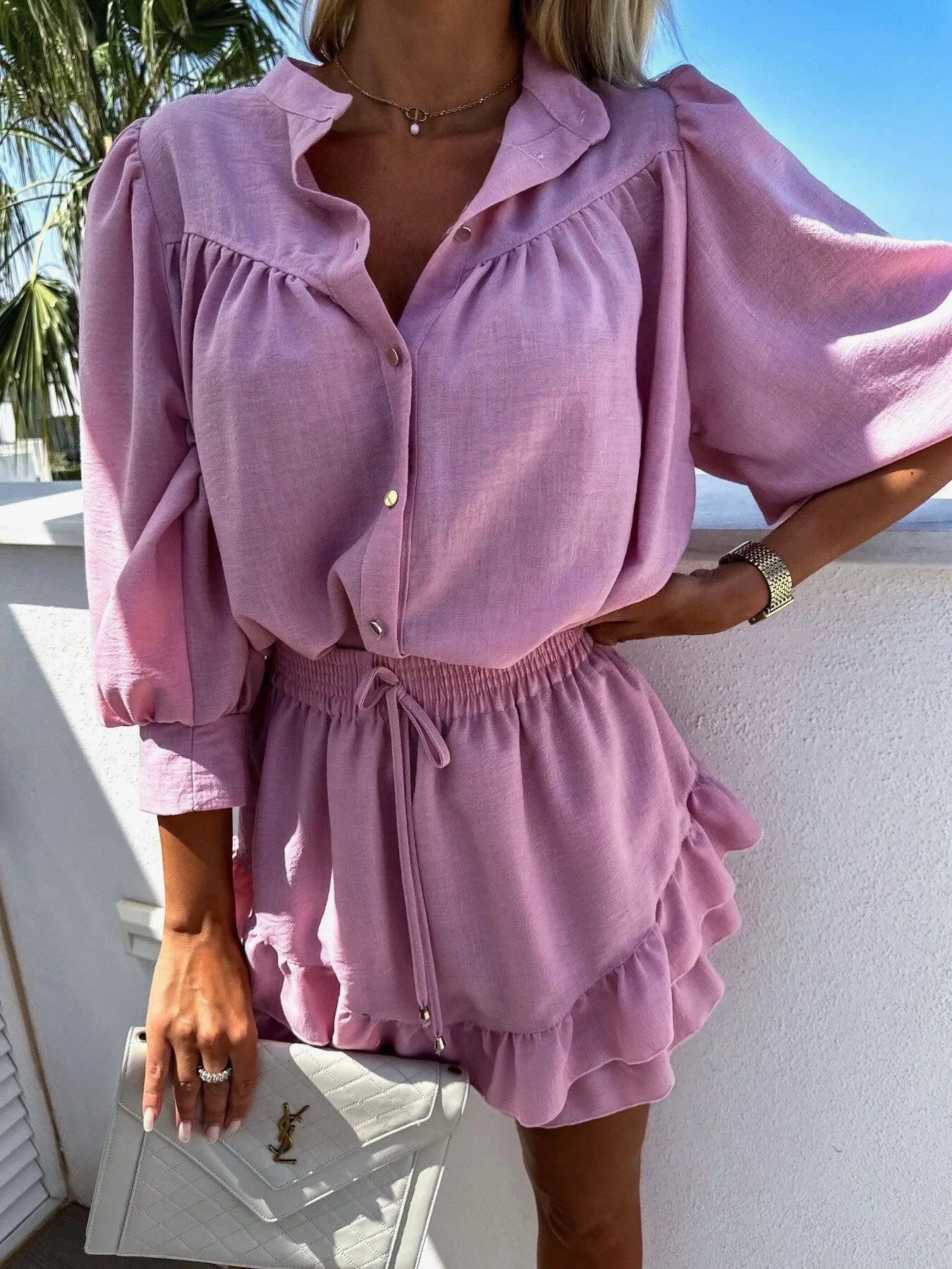 Women New Button Long Sleeve Shirts Top&Drawstring Sculottes 2 Pieces Outfits Casual Ruffles Suit V Neck Dresses Set For Women's