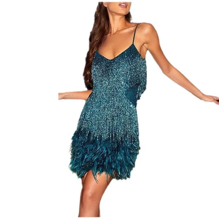 2024 Fashionable Multi-Color Fringed Sequins Tank Top Sexy V-Neck Gown Dress For Birthday Party With Feather Splice Design